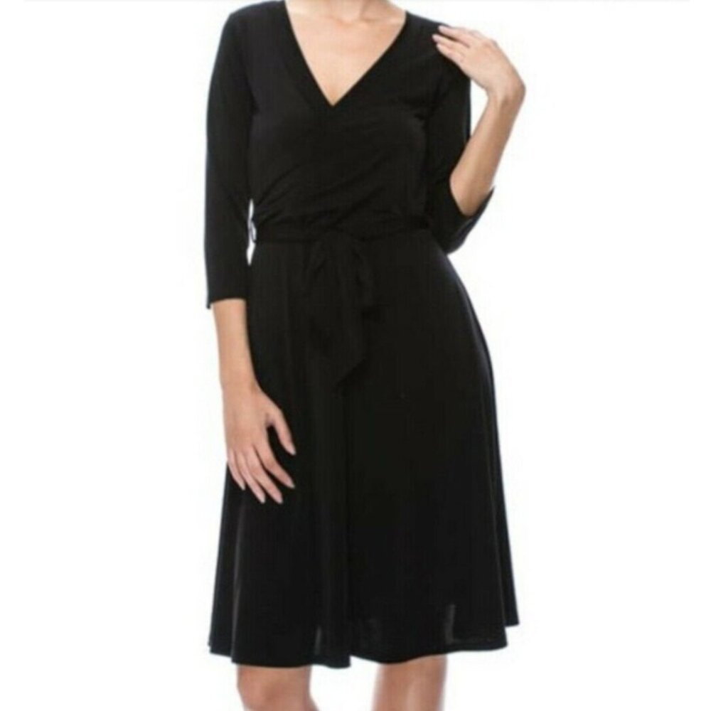 Janette Fashion  Black Solid Faux Wrap Knee Length Dress